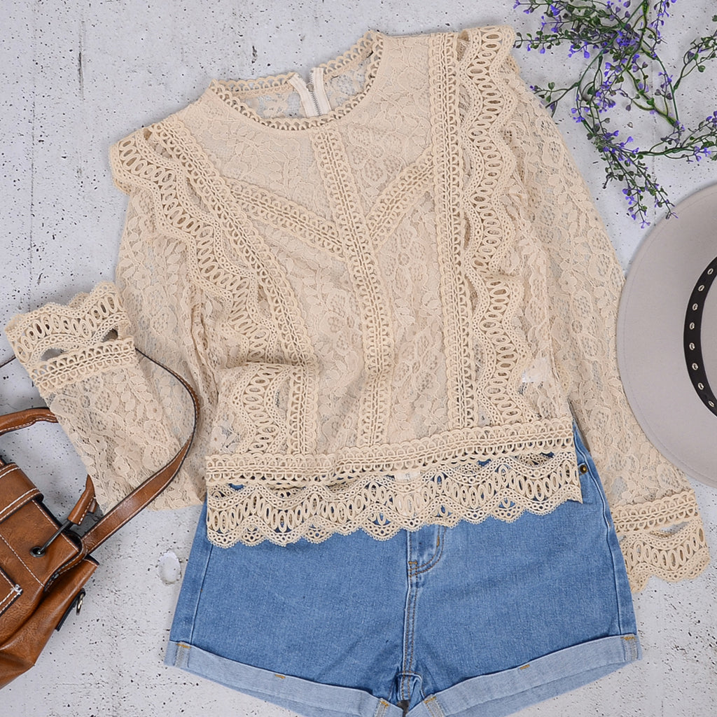 Blusa de encaje de crochet con cremallera
