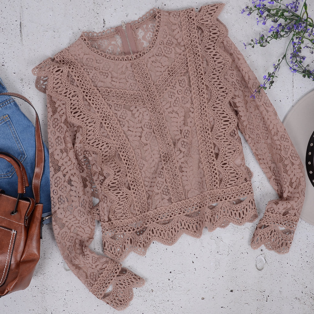 Blusa de encaje de crochet con cremallera