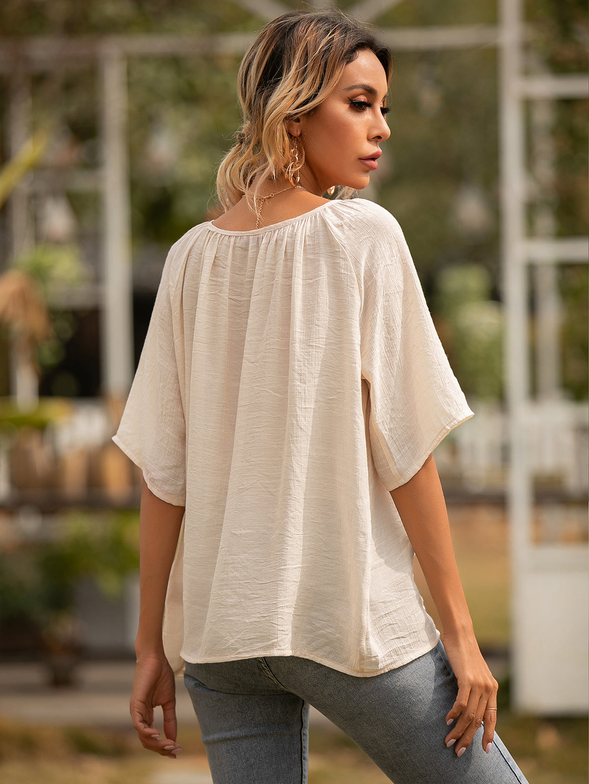 Button Gathered Summer Blouse