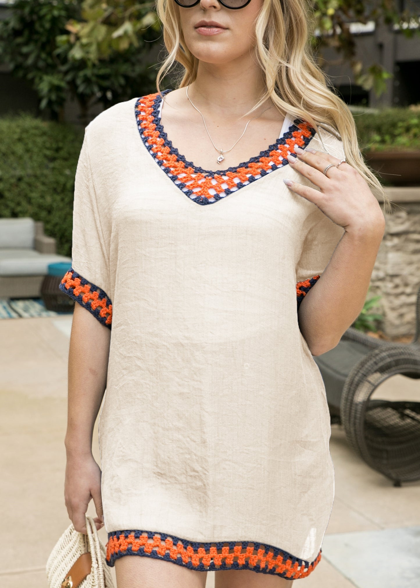 Anna-Kaci Women's Woven Beach Cover-Up Dress with Crochet Trim and Off-Shoulder Design