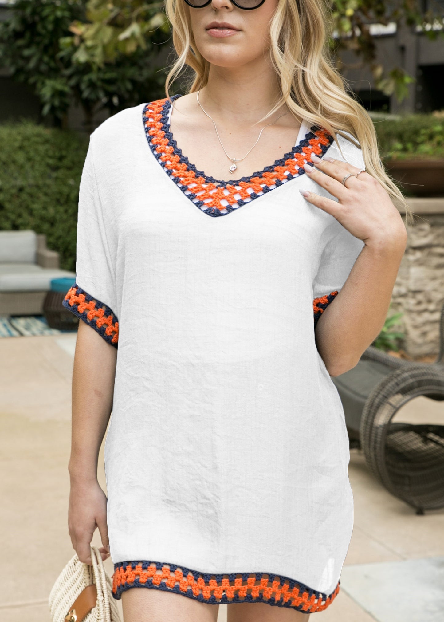 Anna-Kaci Women's Woven Beach Cover-Up Dress with Crochet Trim and Off-Shoulder Design