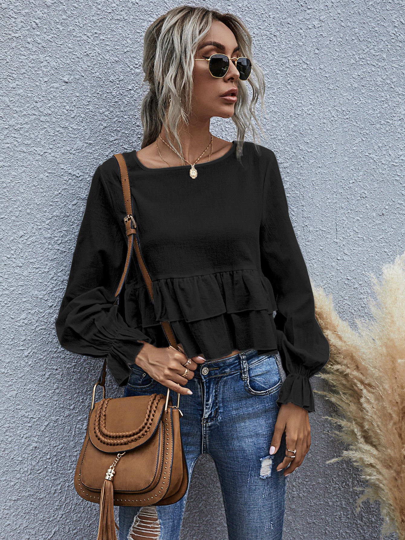 Blusa de manga larga semicorta con volantes