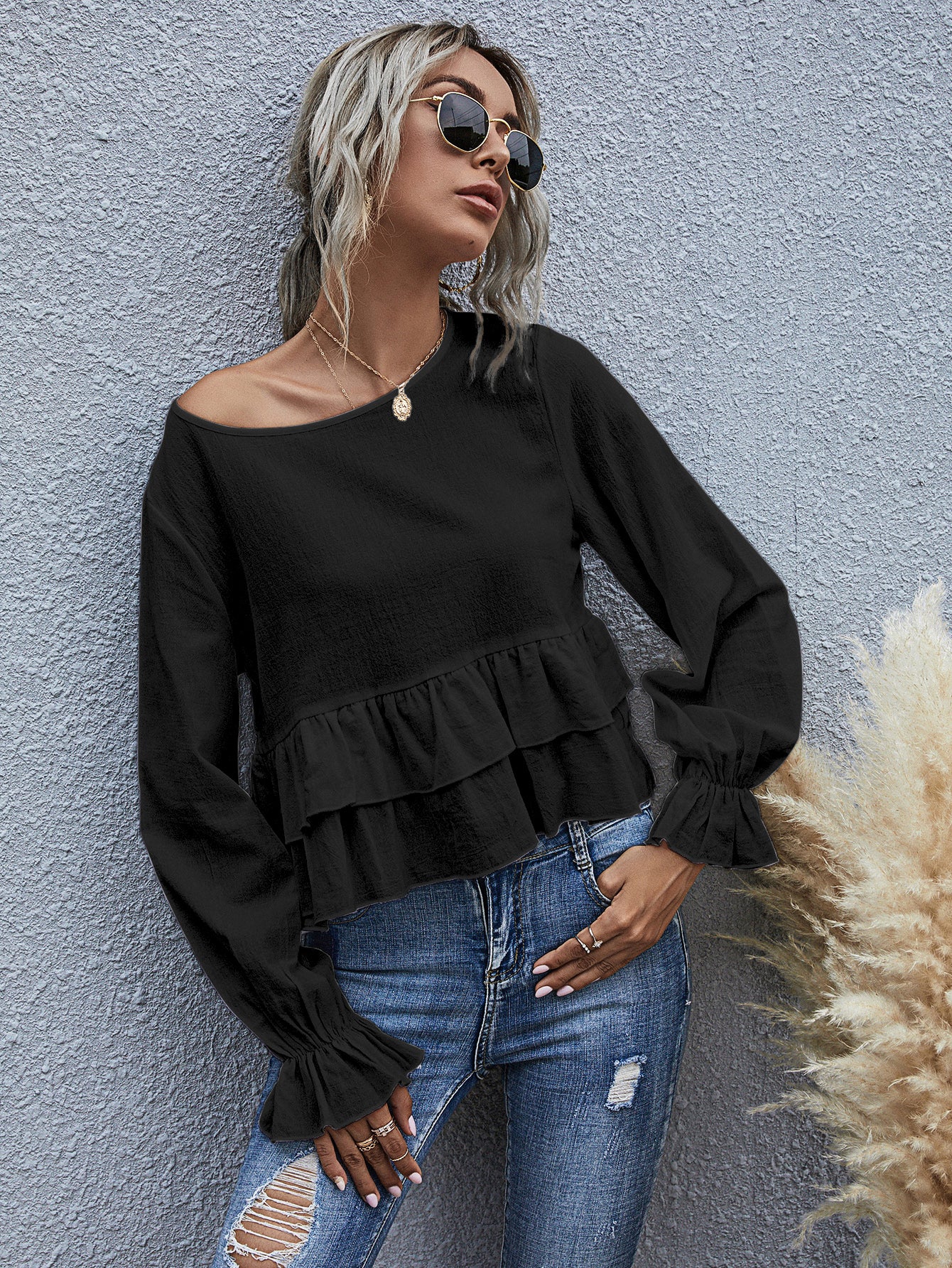 Blusa de manga larga semicorta con volantes