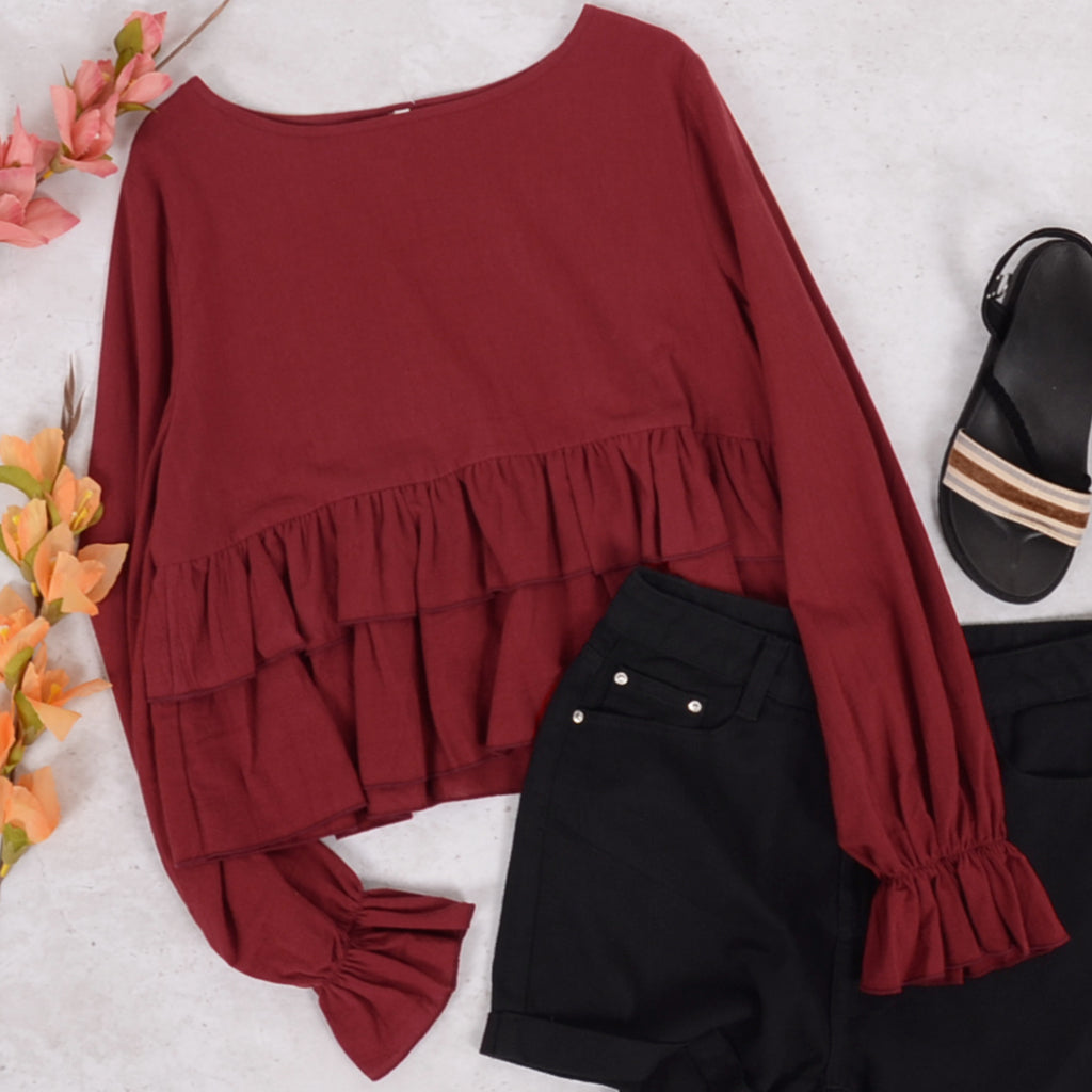 Blusa de manga larga semicorta con volantes