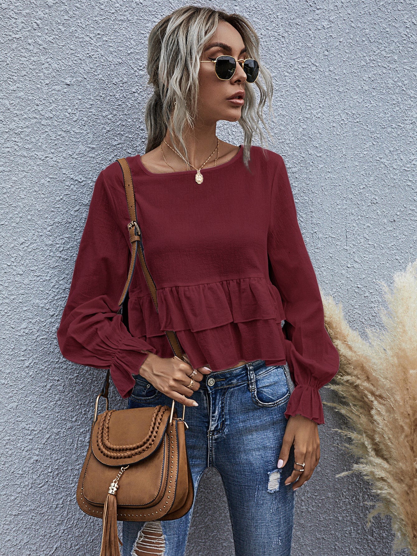 Blusa de manga larga semicorta con volantes