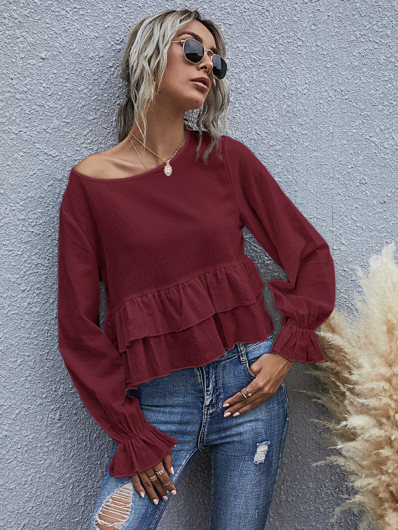Blusa de manga larga semicorta con volantes