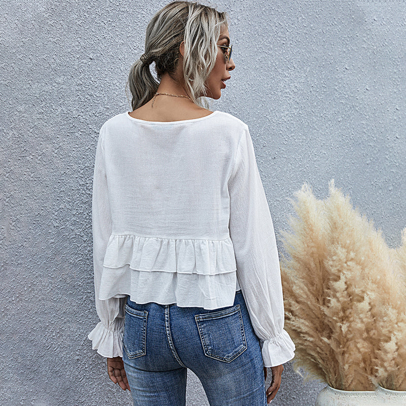 Blusa de manga larga semicorta con volantes