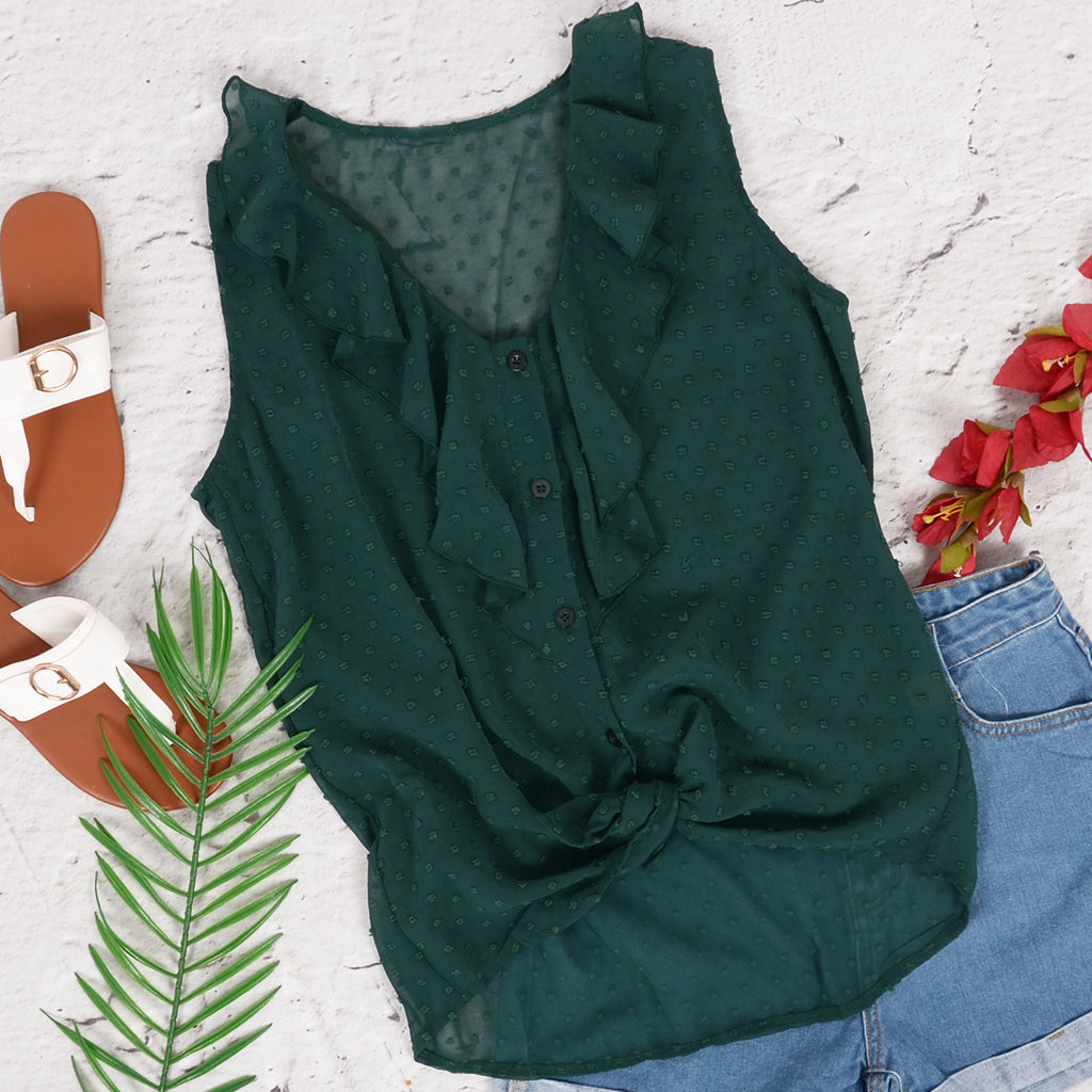 Camiseta sin mangas con lunares y volantes