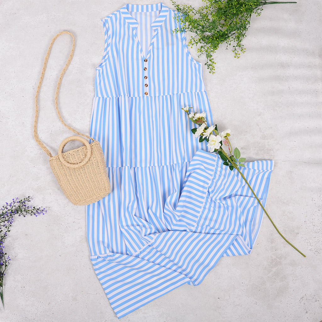 Vestido largo con botones a rayas en la parte delantera