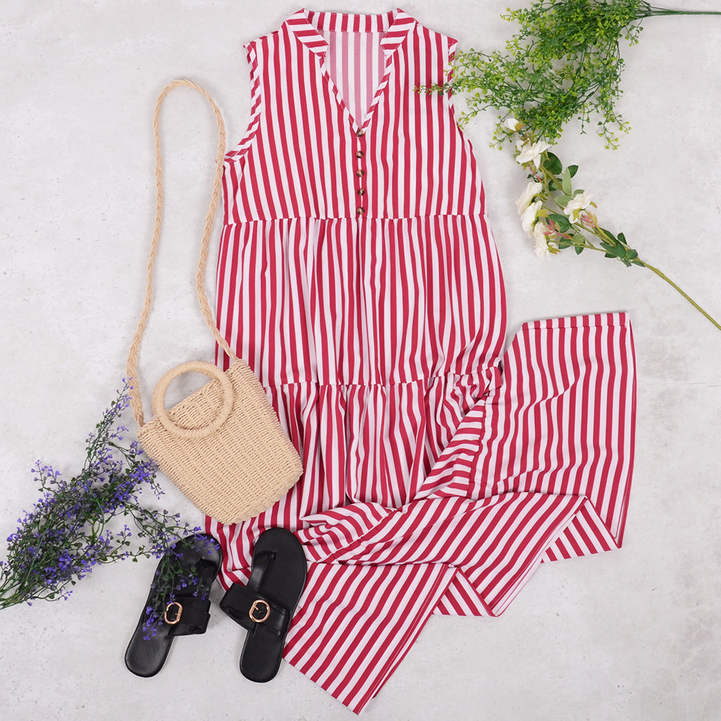 Vestido largo con botones a rayas en la parte delantera