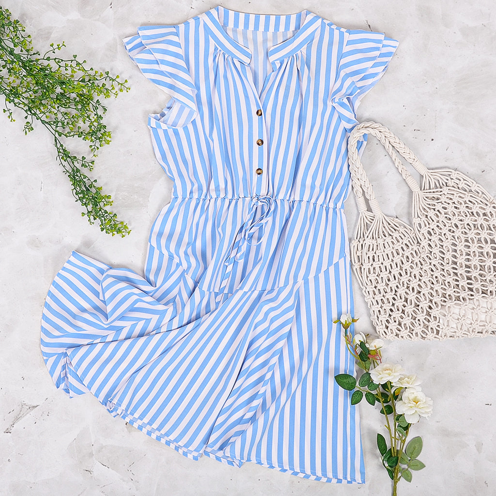 Vestido mini túnica con volantes y rayas