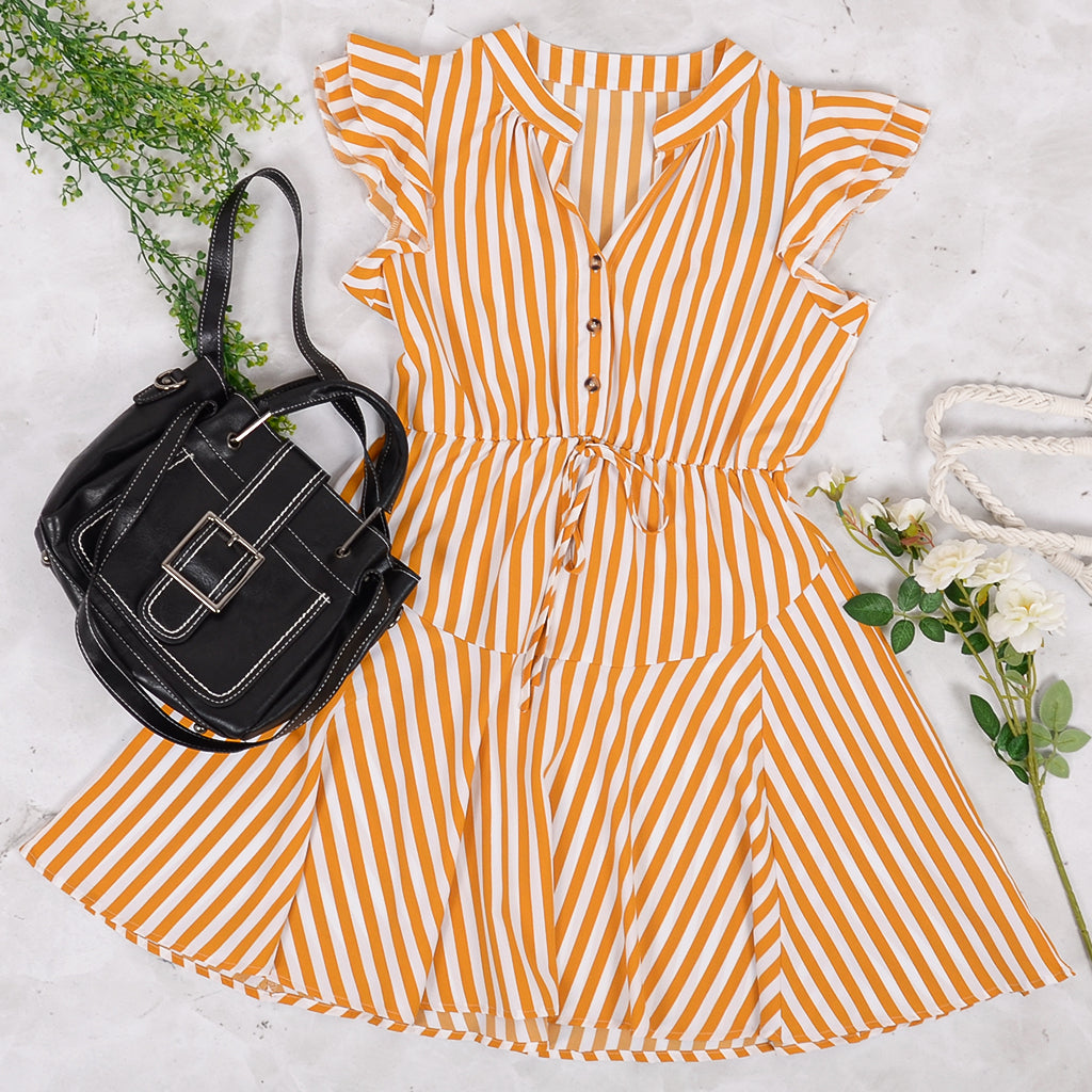 Vestido mini túnica con volantes y rayas