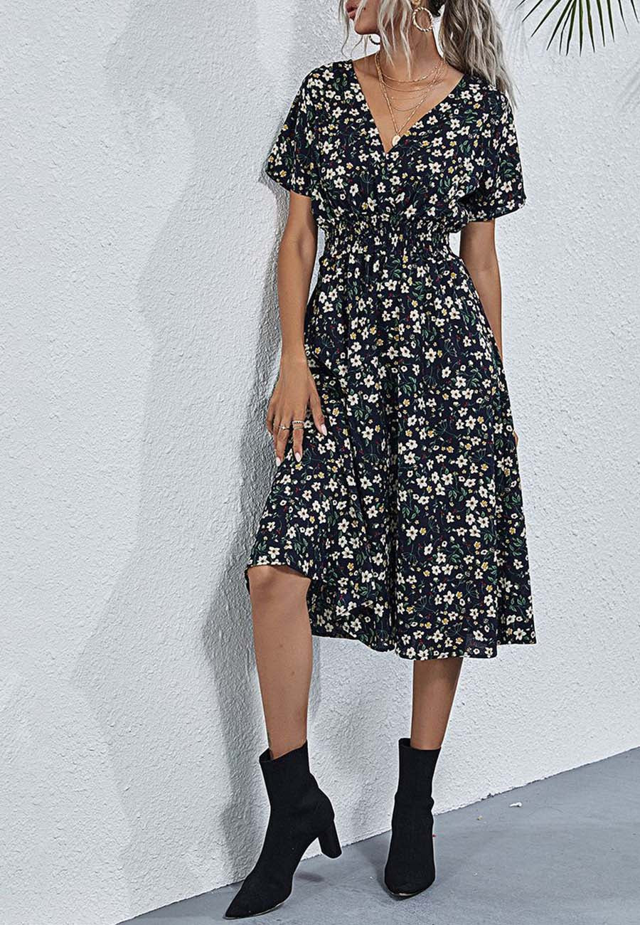 Soft Daisy Floral Print Cross Front Midi Dress Short Sleeve for Women