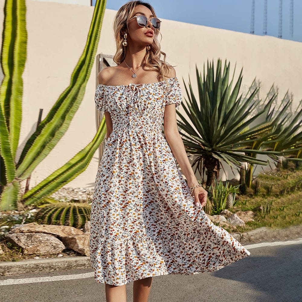 Vestido con estampado de margaritas y cintura fruncida