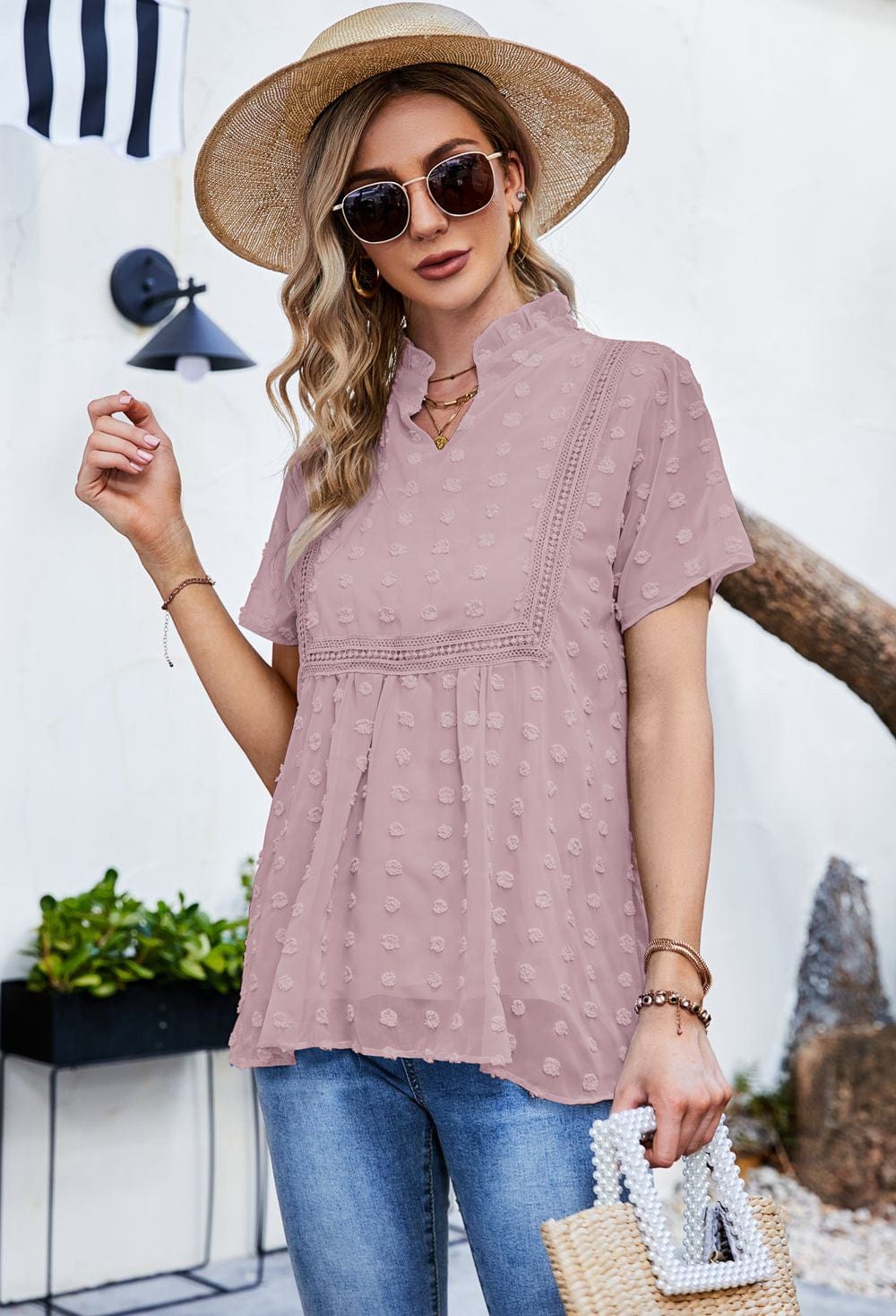 Clip Dot Mandarin Collar Blouse