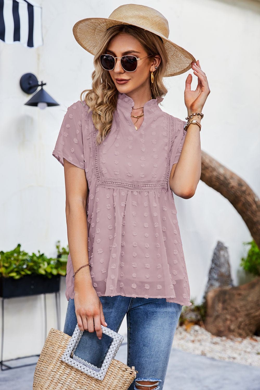 Clip Dot Mandarin Collar Blouse