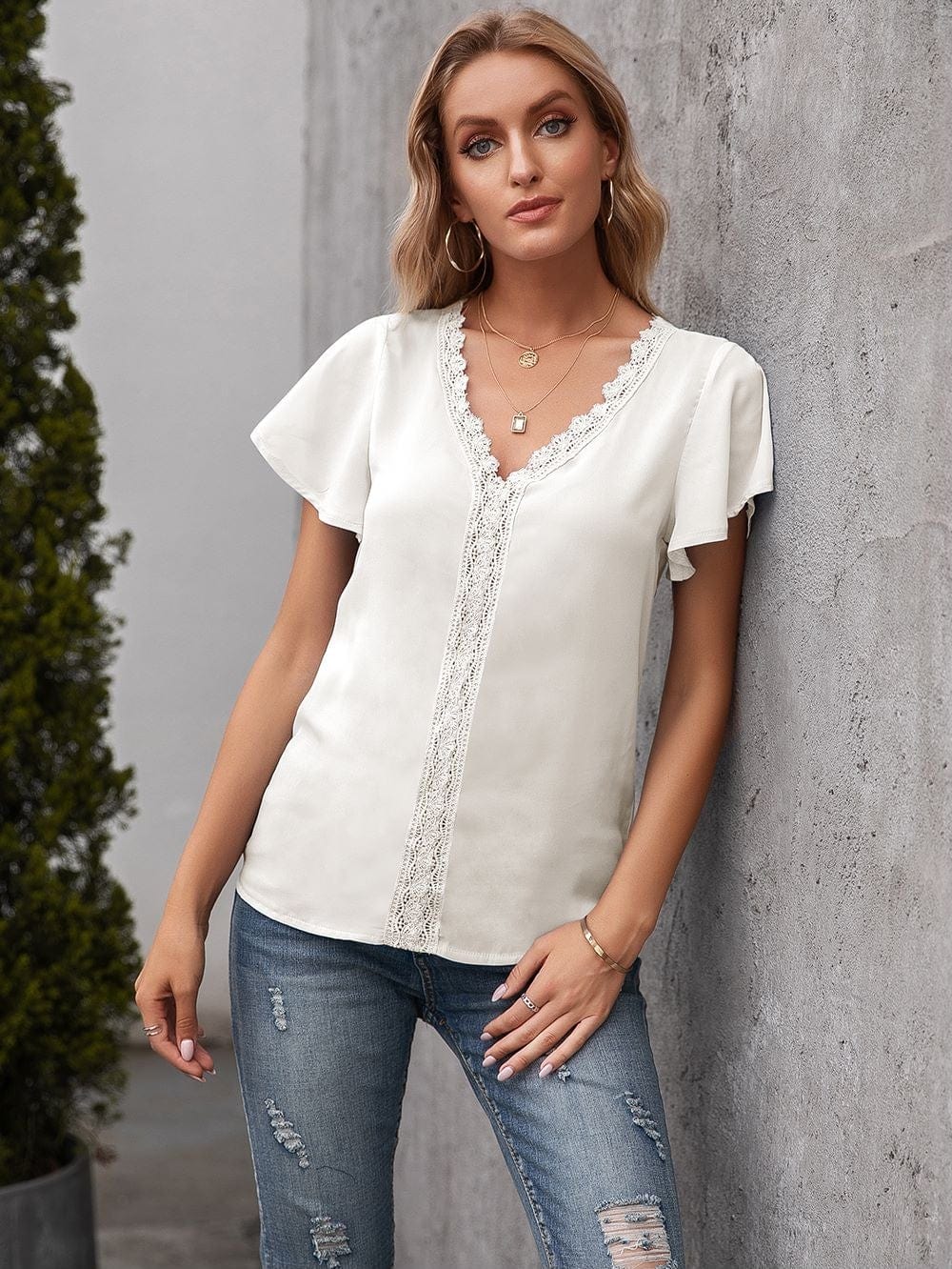 Lace Trim Solid Color Blouse