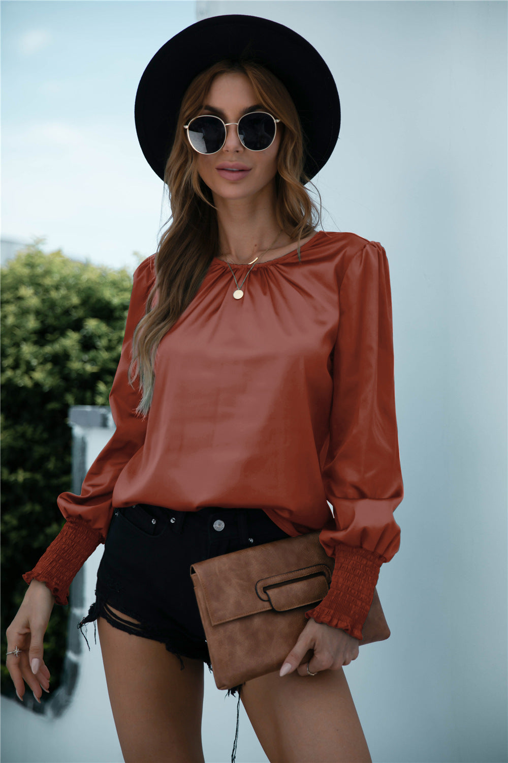 Blusa de manga larga con puños fruncidos Lux
