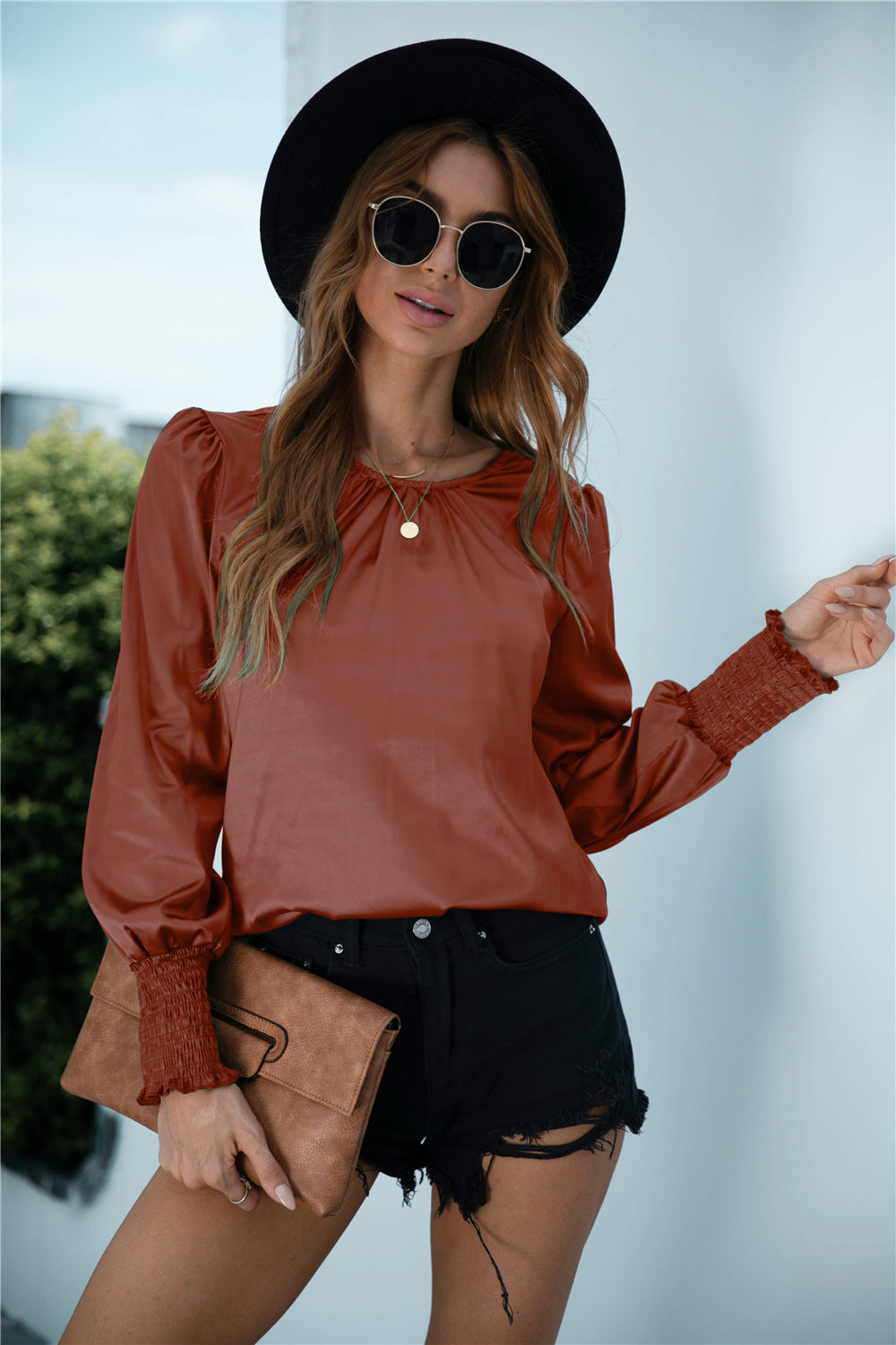 Blusa de manga larga con puños fruncidos Lux
