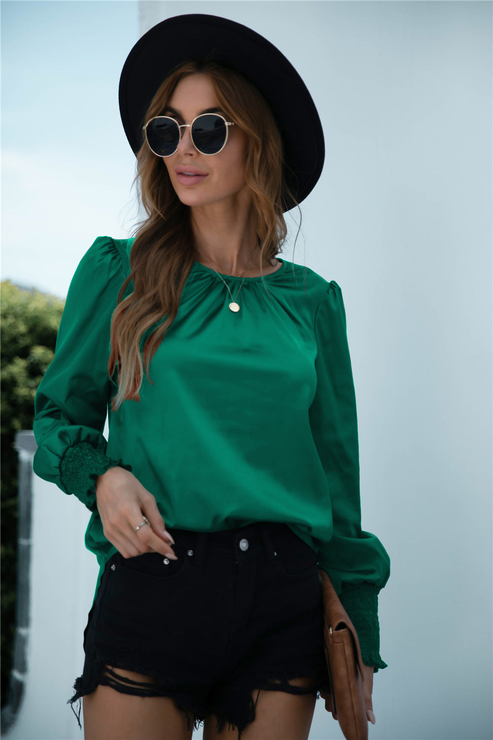 Blusa de manga larga con puños fruncidos Lux