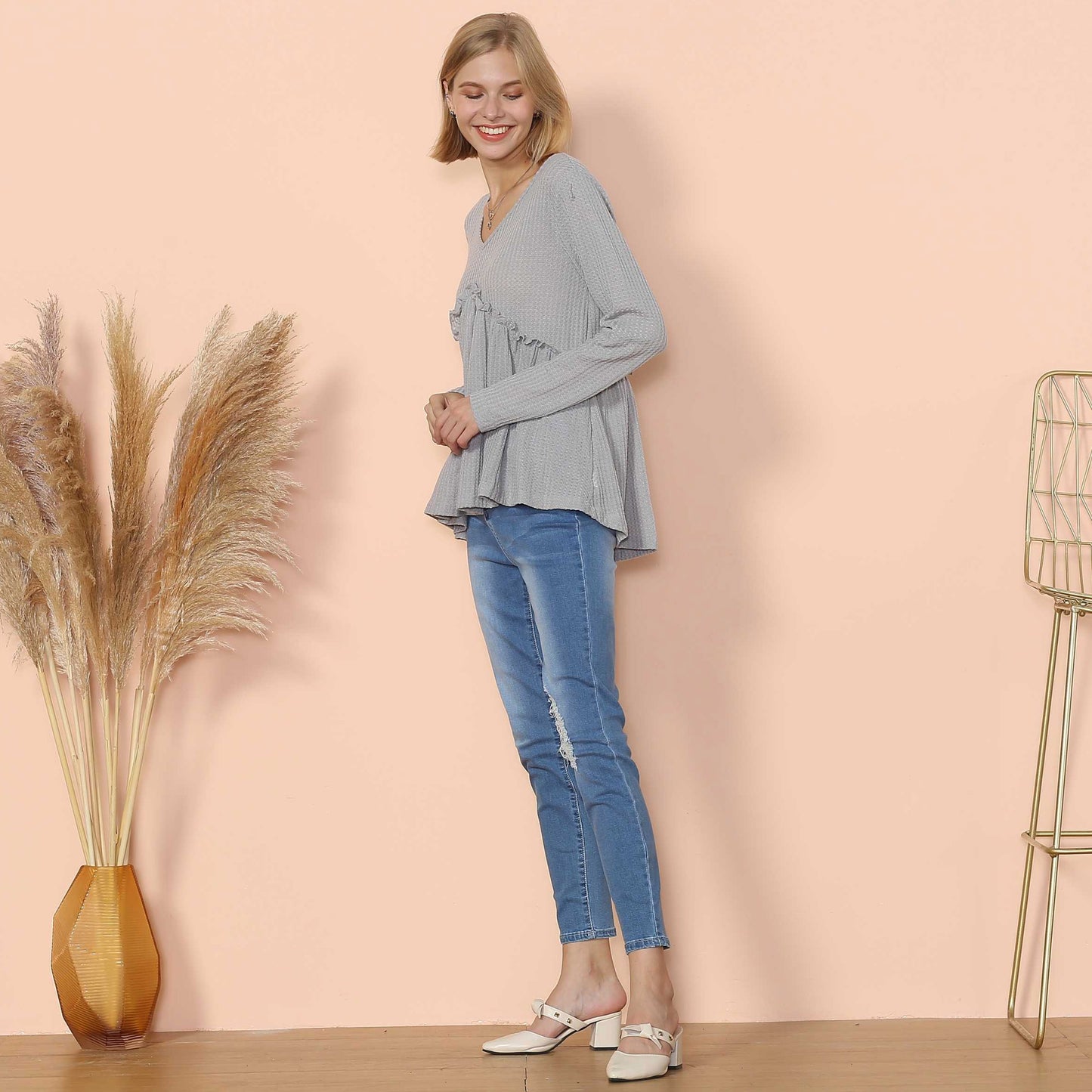 Waffle Knit Cinched Ruffle Long Sleeve