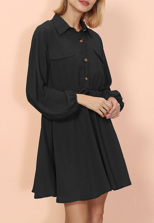 Button Collared Lantern Sleeve Ruffle Dress