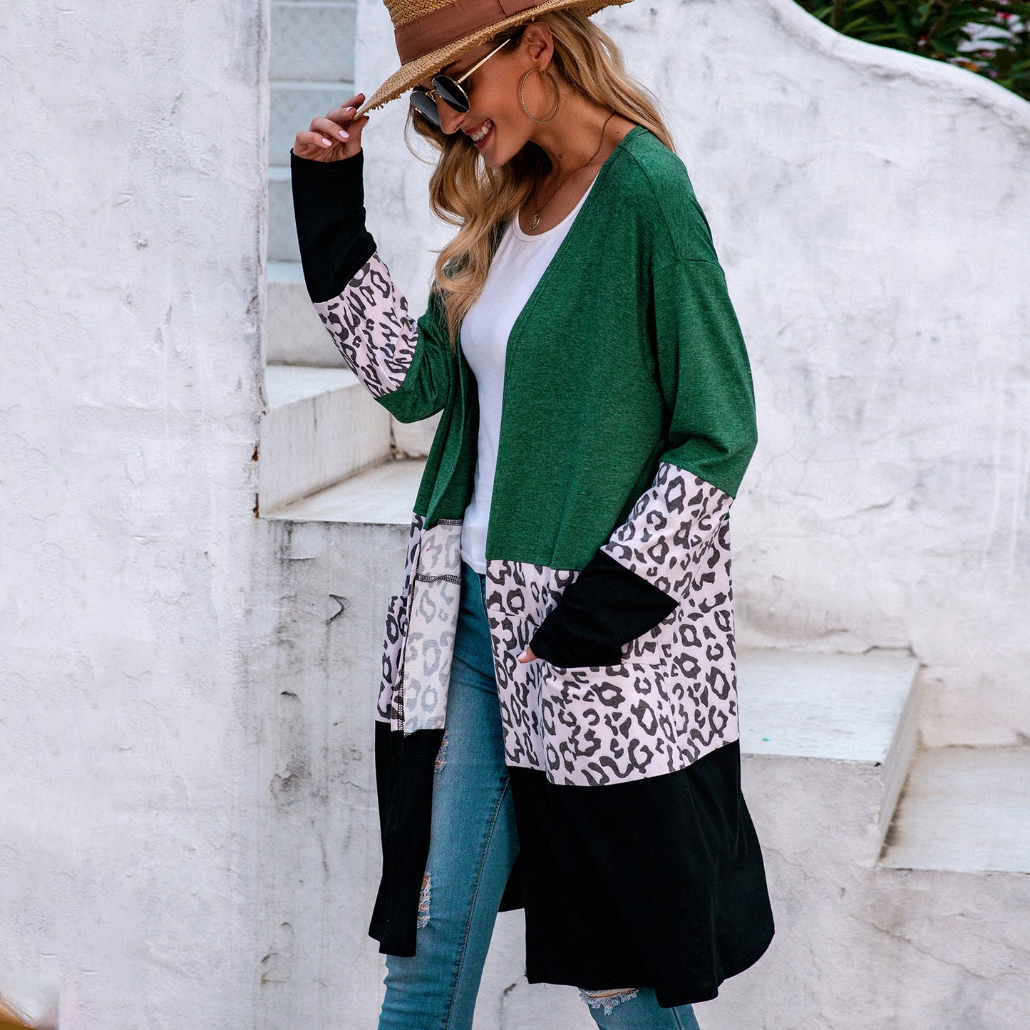 Leopard Color Block Long Cardigan