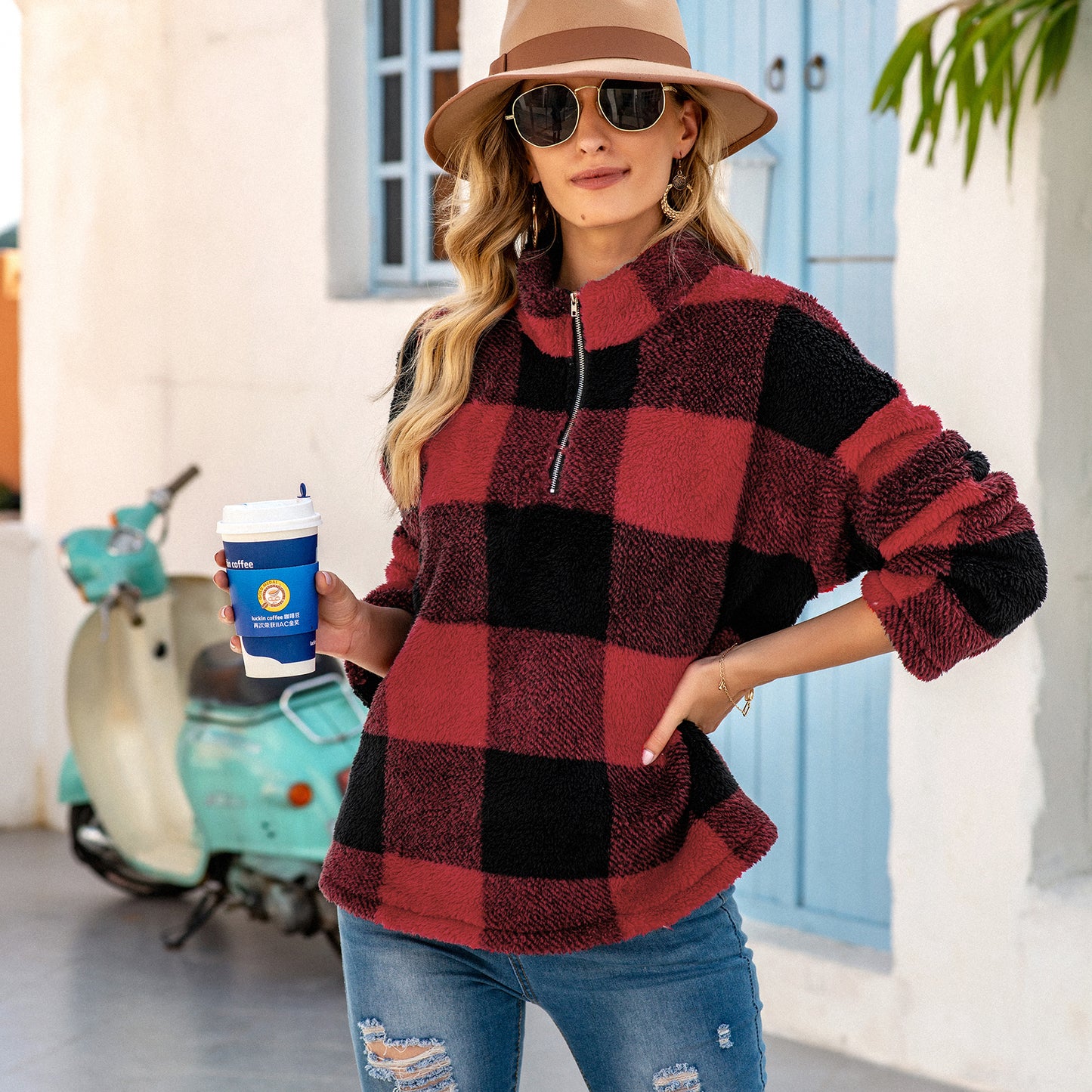 Buffalo Plaid Fluffy Quarter Zip