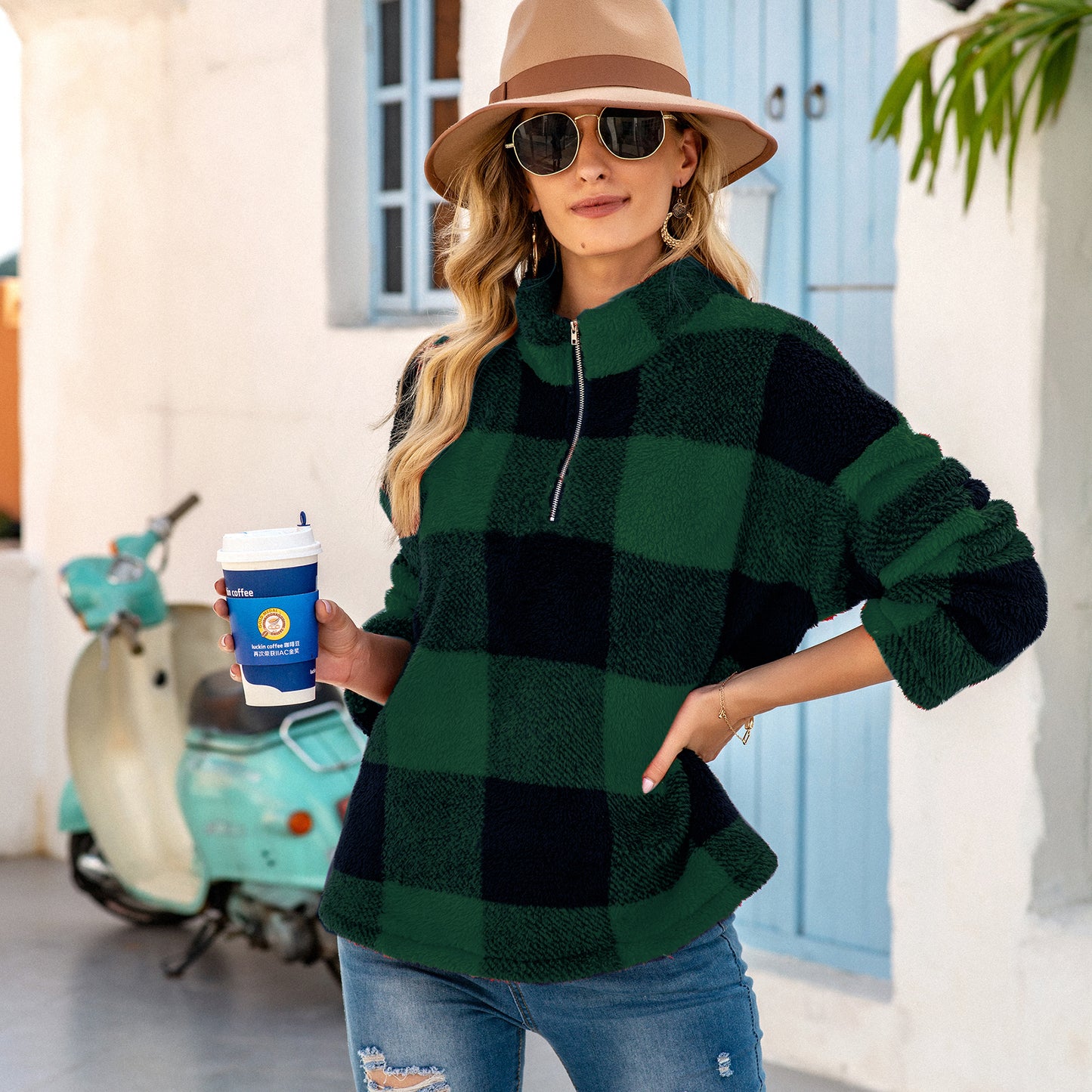 Buffalo Plaid Fluffy Quarter Zip