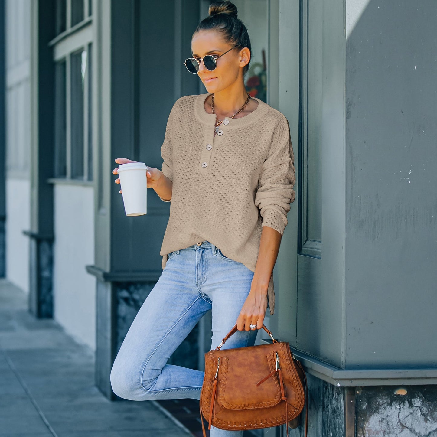 Waffle Knit Henley Lux Sweater