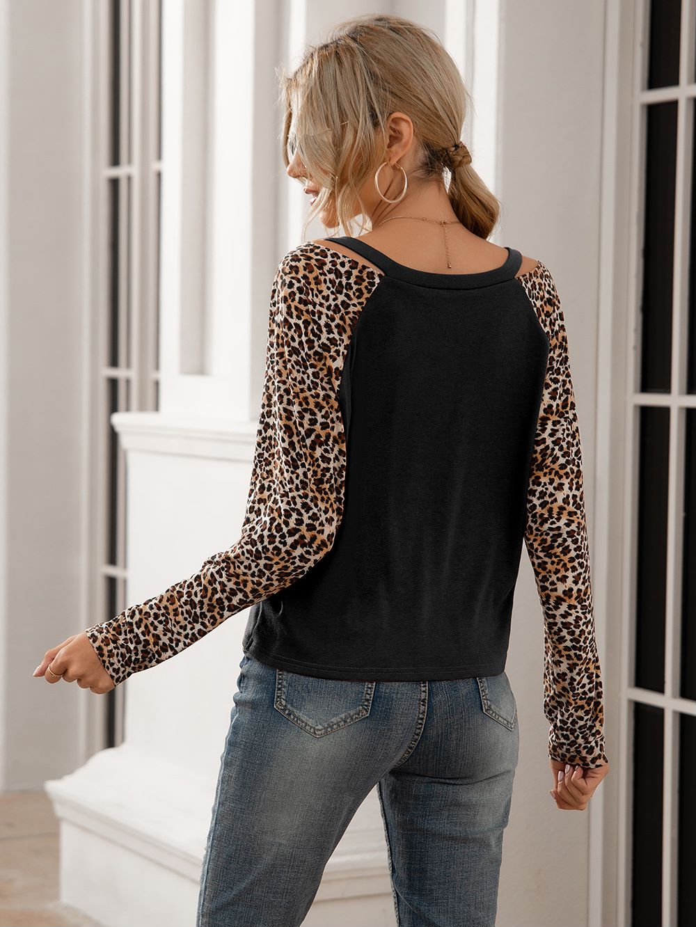 Cheetah Print Long Sleeve Two Tone Top