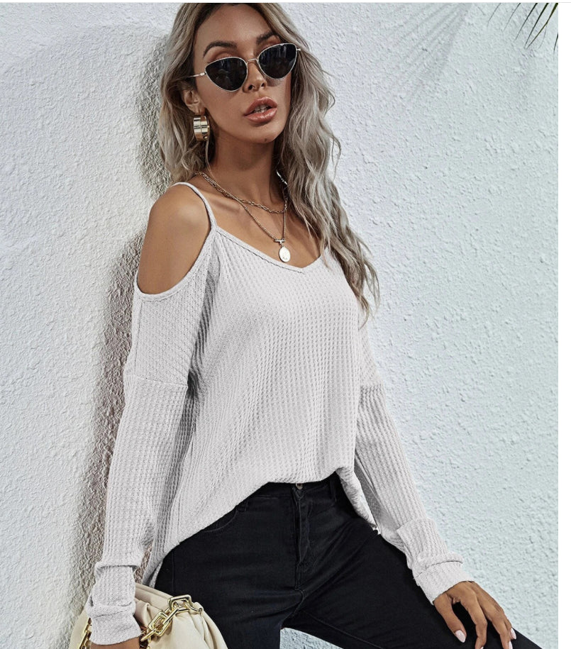 Cold Shoulder Waffle Knit Top