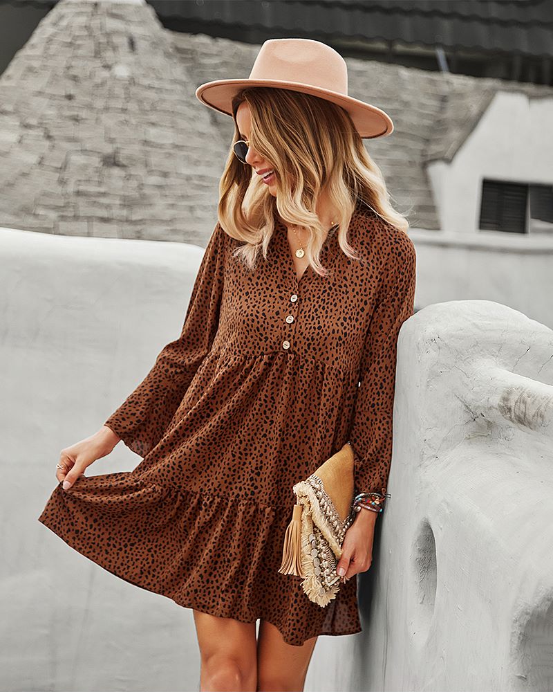 Long Sleeve Dotted Print Dress