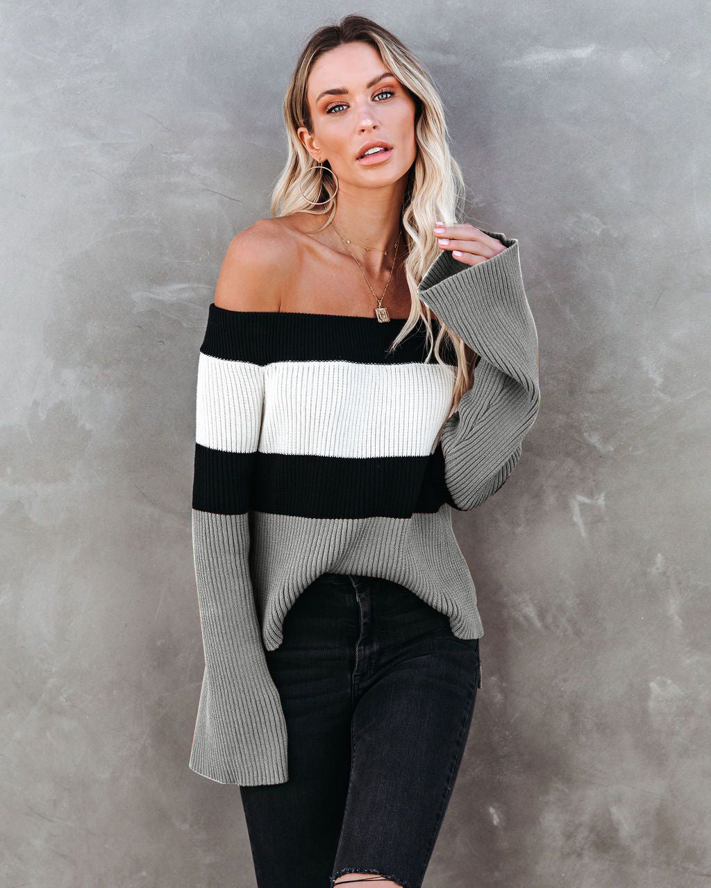 Off Shoulder Ribbed Knit Sweater