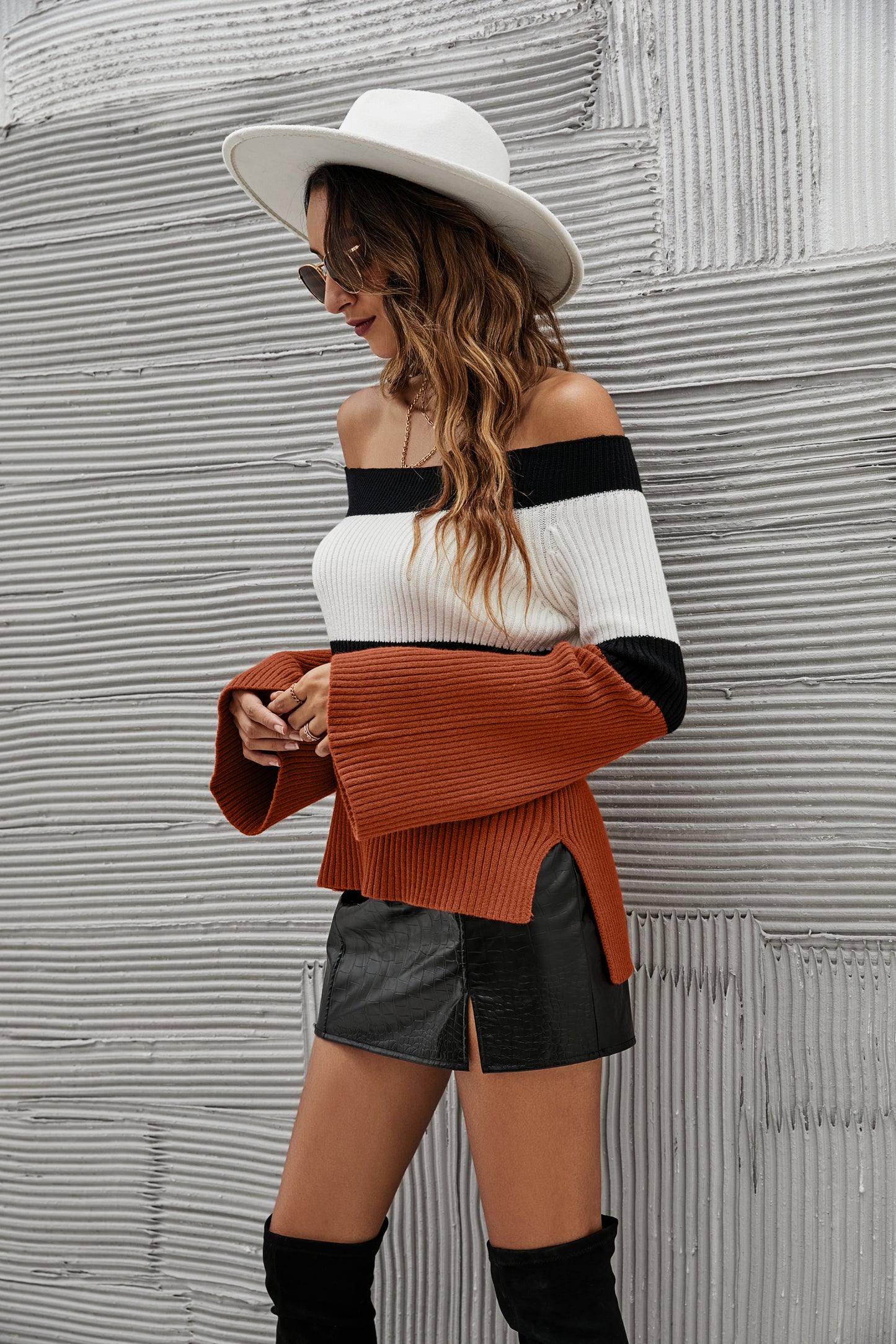 Off Shoulder Ribbed Knit Sweater