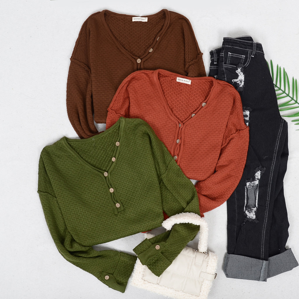 Contrast Button Detail Long Sleeve Textured Knit Sweater