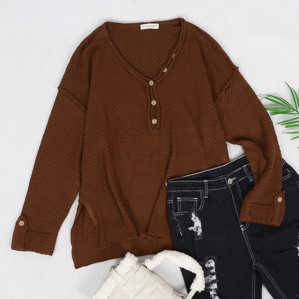 Contrast Button Detail Long Sleeve Textured Knit Sweater