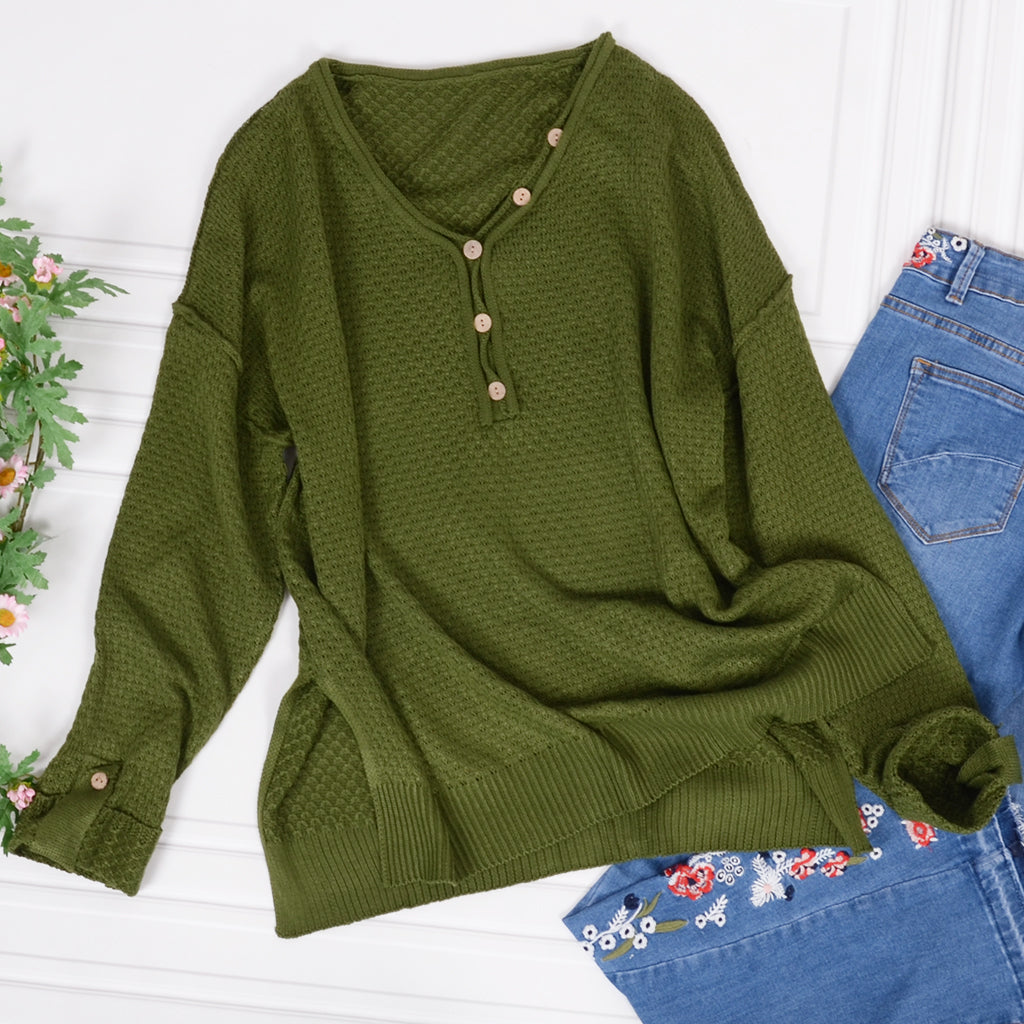 Contrast Button Detail Long Sleeve Textured Knit Sweater