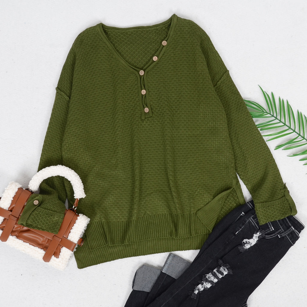 Contrast Button Detail Long Sleeve Textured Knit Sweater