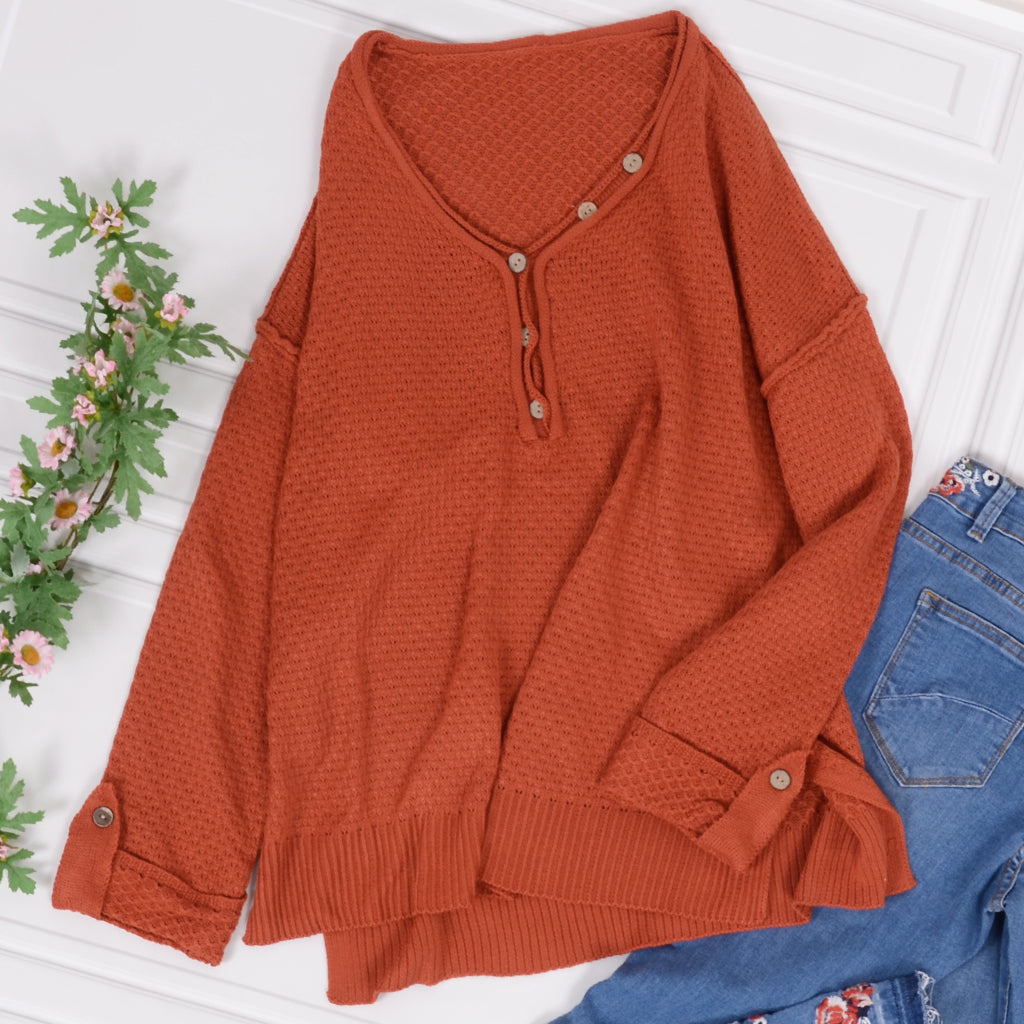 Contrast Button Detail Long Sleeve Textured Knit Sweater