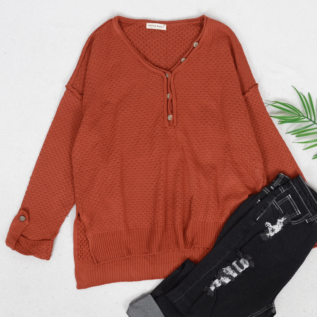 Contrast Button Detail Long Sleeve Textured Knit Sweater