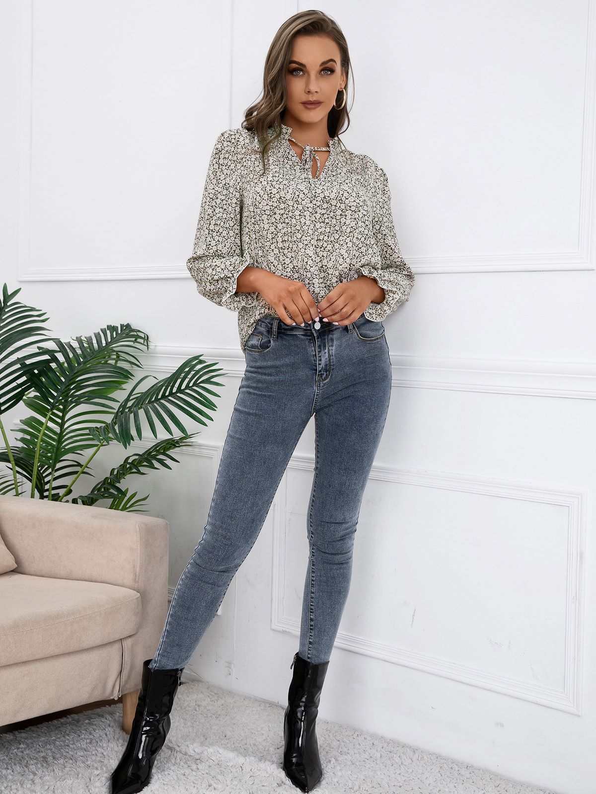 Tie Neck Vintage Floral Blouse