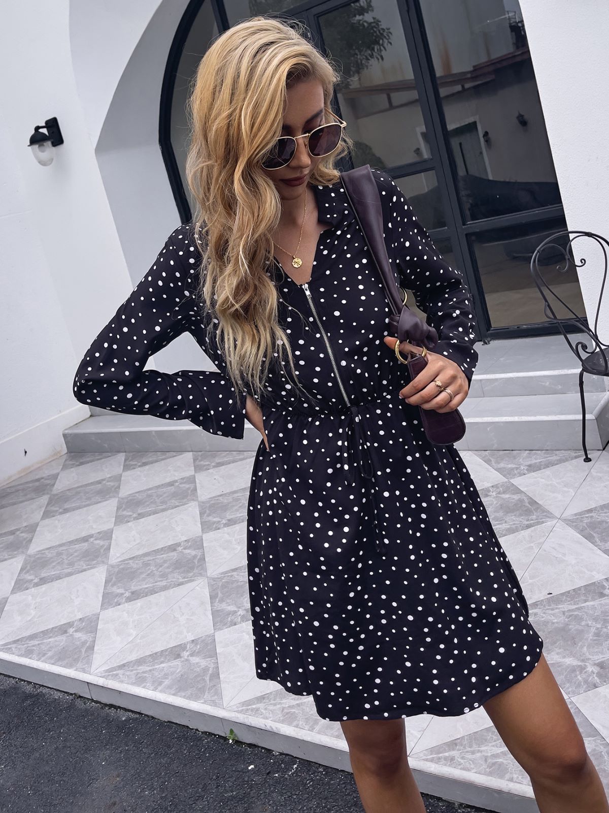 Zip Up Polka Dot Print Collared Dress for Women Above Knee Length