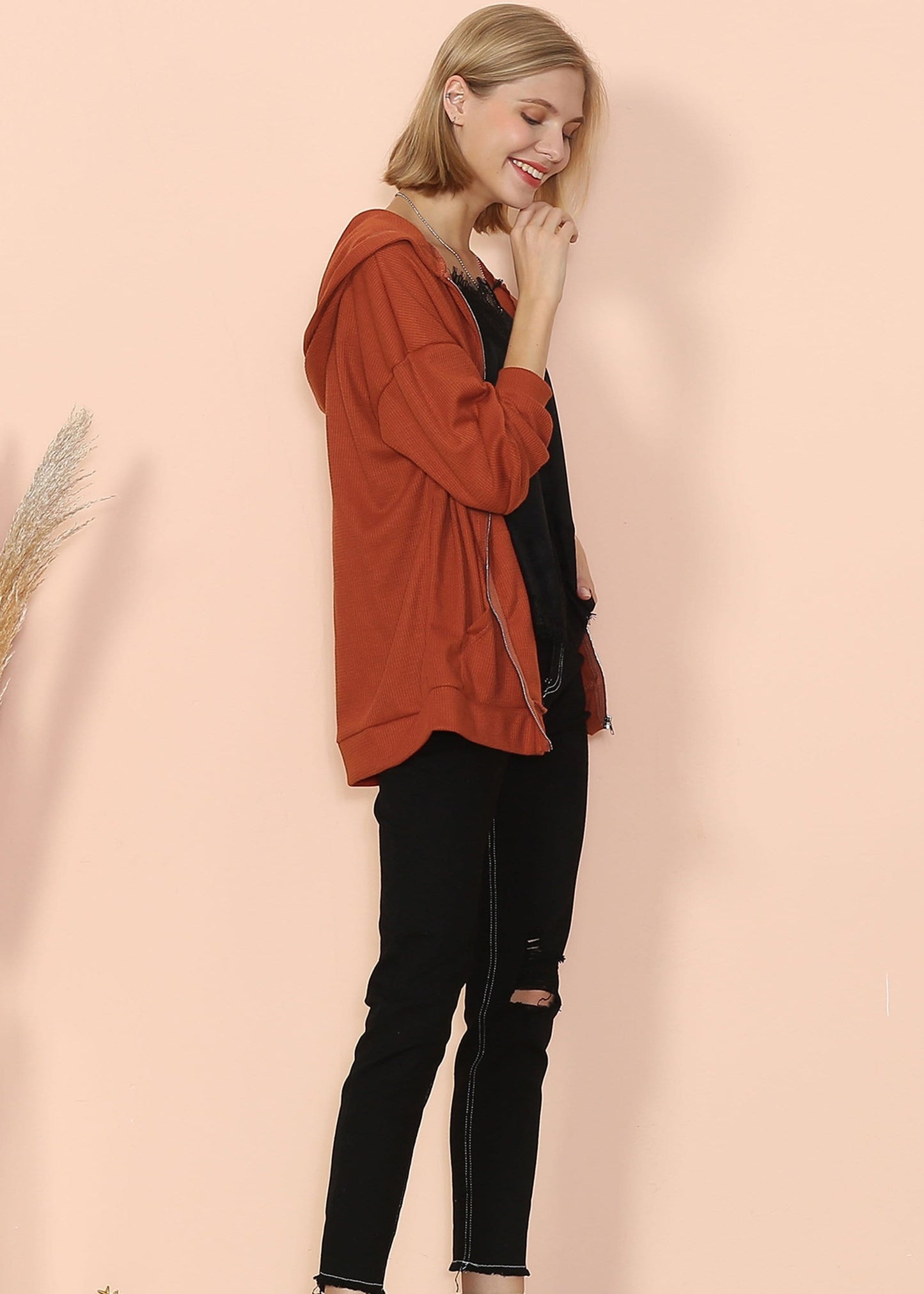 Solid Drop Shoulder Knit Hoodie