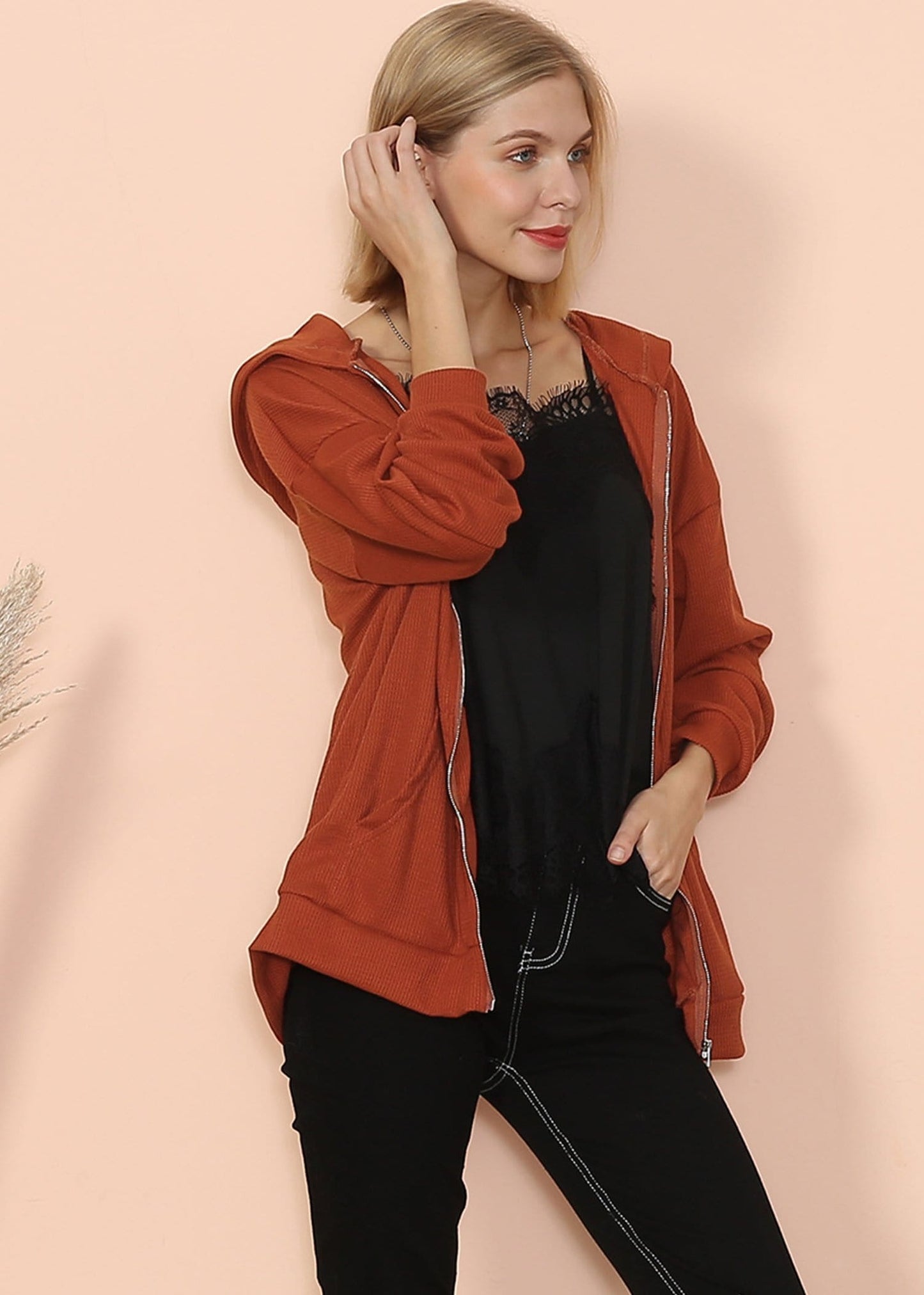 Solid Drop Shoulder Knit Hoodie