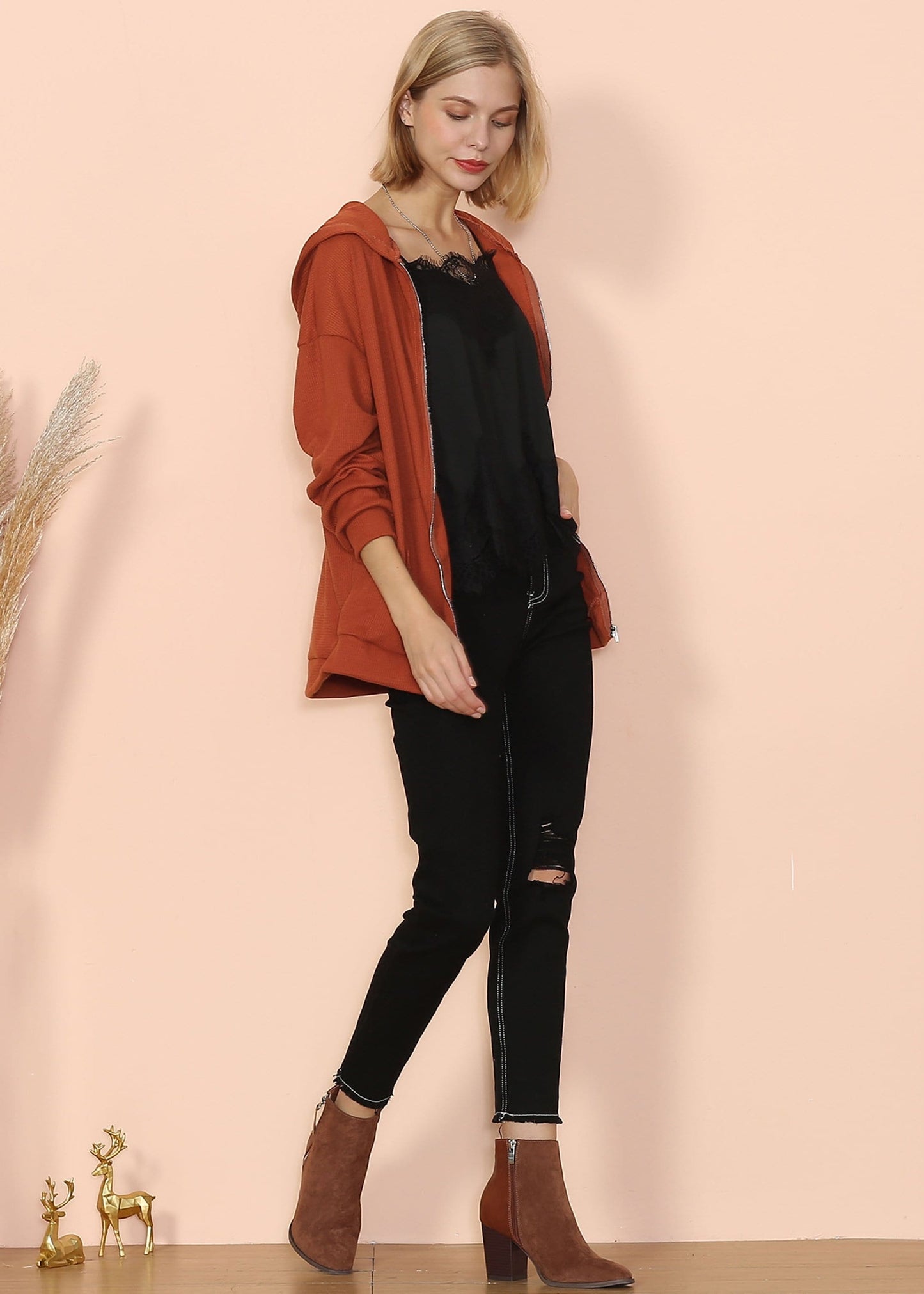 Solid Drop Shoulder Knit Hoodie