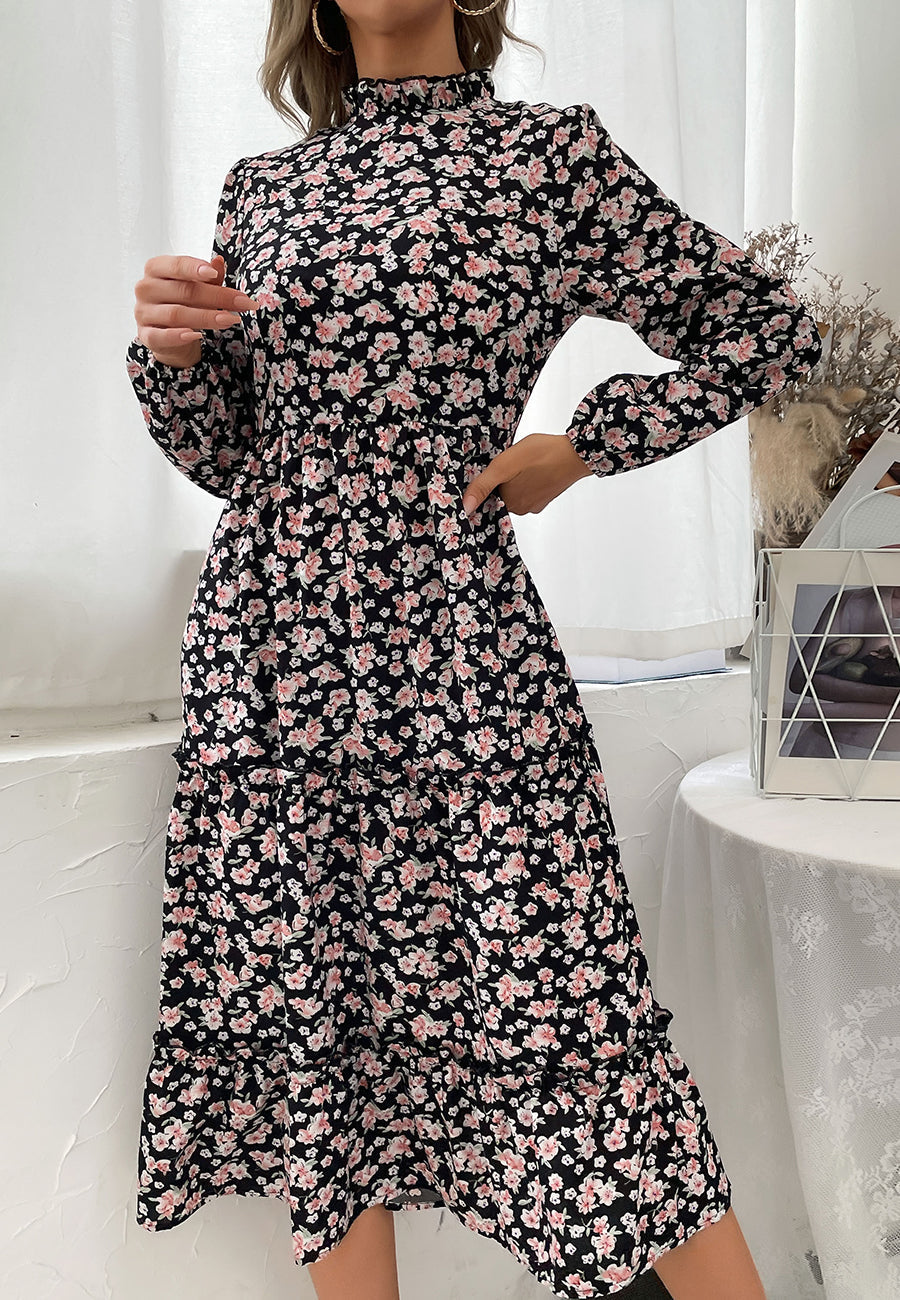 Ruffle High Neck Vintage Dress