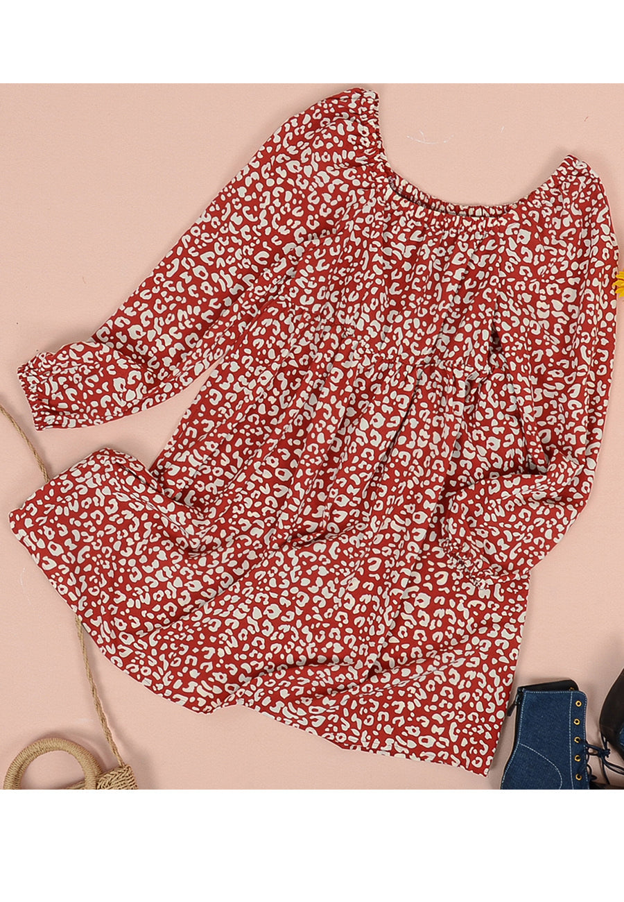 Gathered Neck Leopard Print Dress