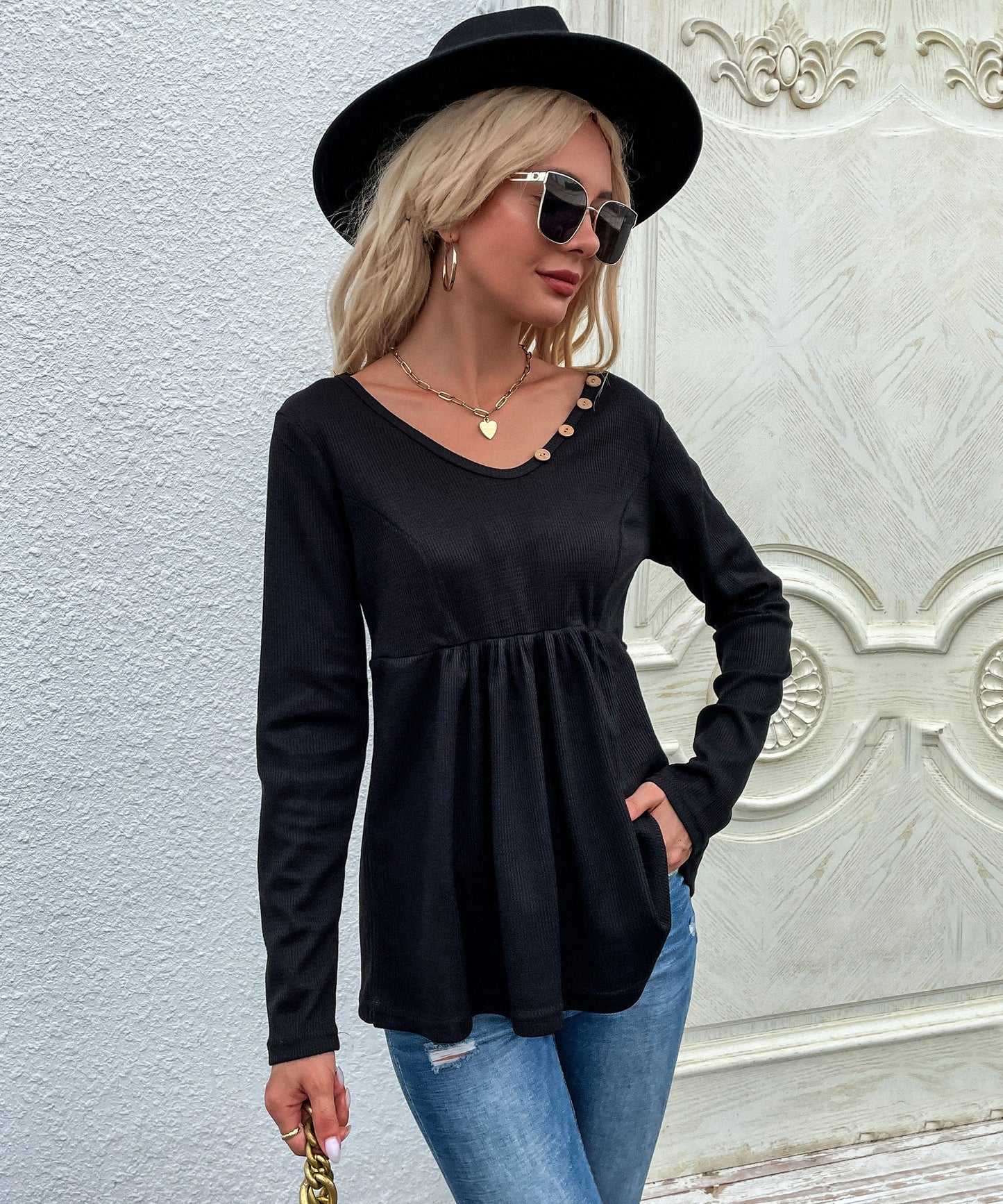 Button Neck Peplum Hem Sweater