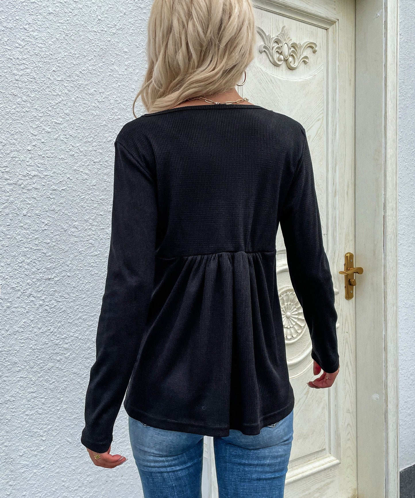 Button Neck Peplum Hem Sweater